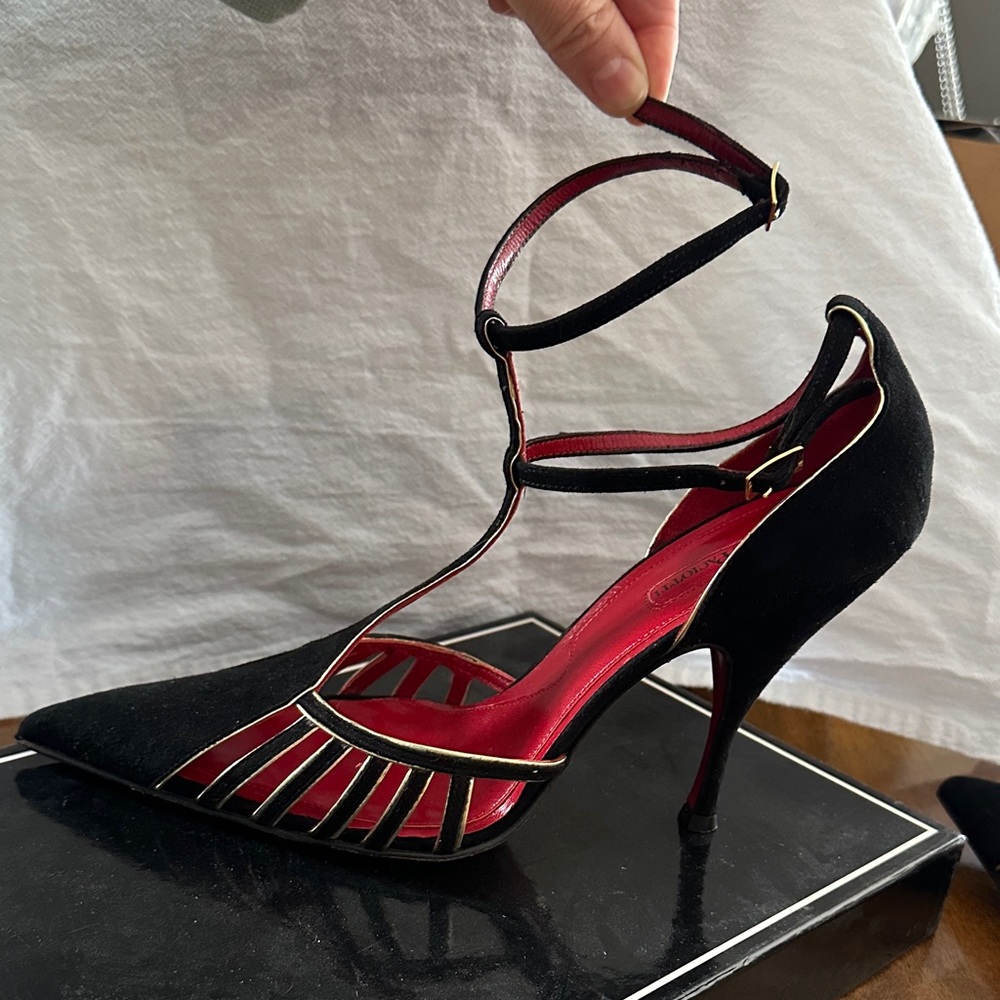 CESARE PACIOTTI Black and Gold Cage Heels double ankle strap